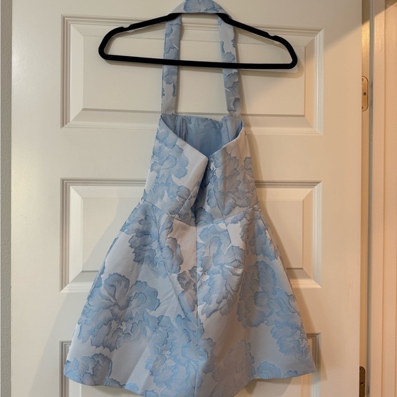 SHOWPO | Gabbie Mini Dress Jacquard Halter Fit and Flare Dress Blue Floral | 2 - Picture 7 of 8